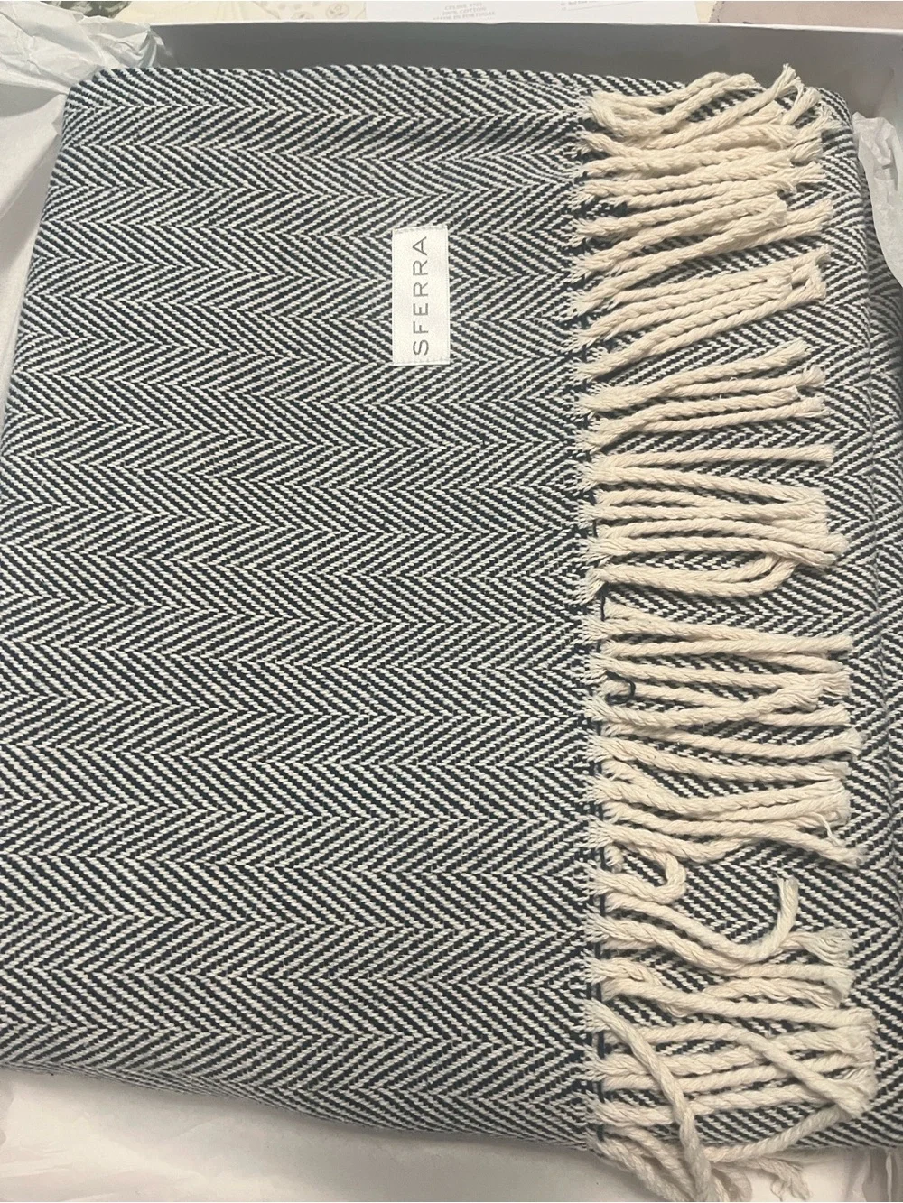 SFERRA NEW Celine Navy Herringbone Throw with Fringe 51